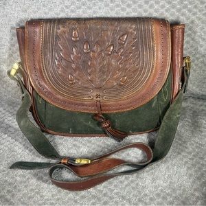 Vintage Loewe Crossbody Green Suede Leaf Acorn Leather